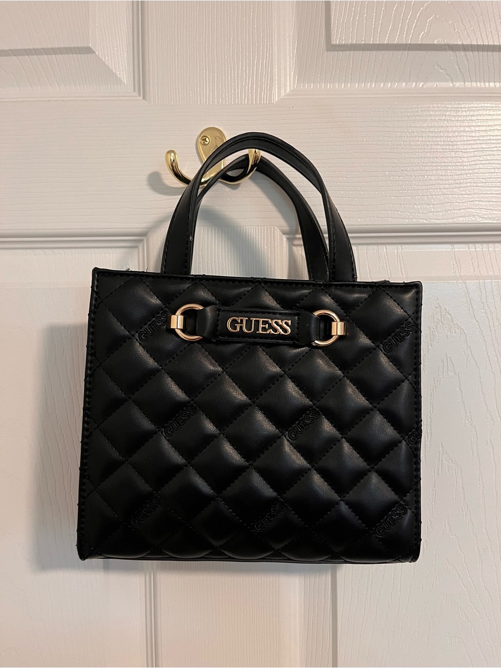 GUESS Black Quilted Satchel with Gold-Tone Logo